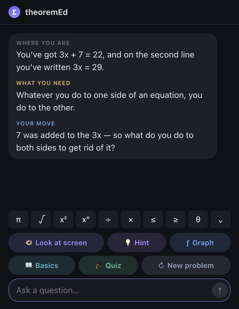 theoremEd showing where you are, what you need and your move