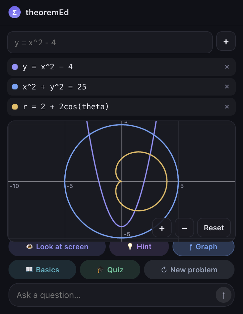 A parabola, a circle and a cardioid on theoremEd's graph