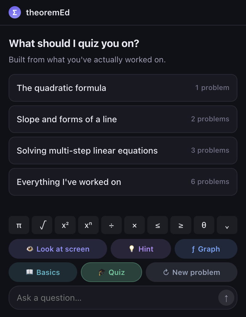 theoremEd asking which unit to quiz on